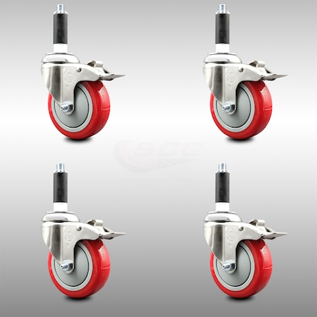 Service Caster 4 Inch 316SS Red Poly Swivel 3/4 Inch Expanding Stem Caster Set Lock Brake SCC-SS316TTLEX20S414-PPUB-RED-34-4